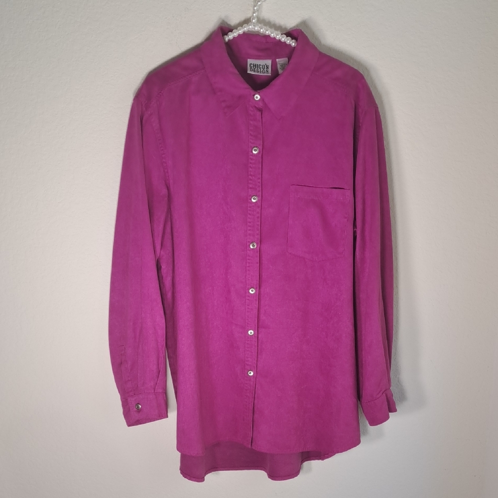 Chico’s Blouse Bright Pink Magenta Button-Up Shirt Size XL Faux Suede Pocket
